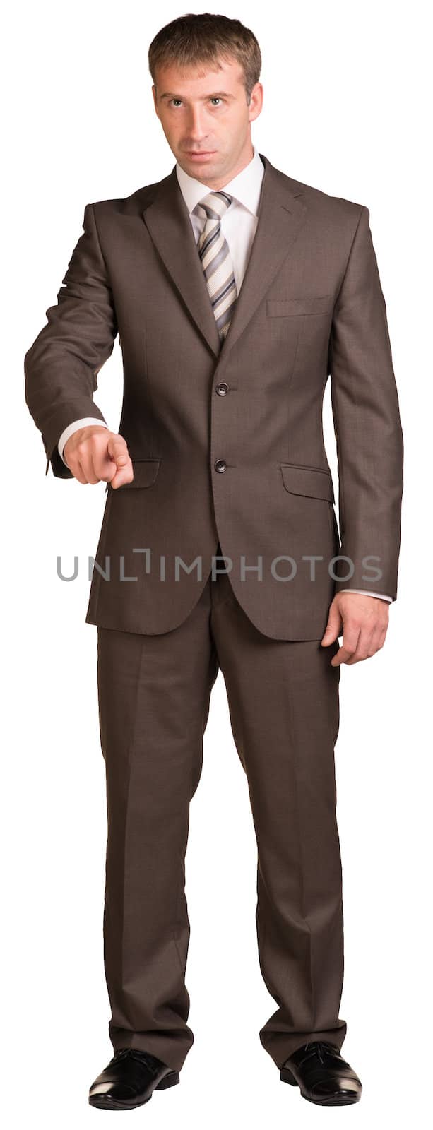Businessman holding hand up in front of him. Isolated on white background.