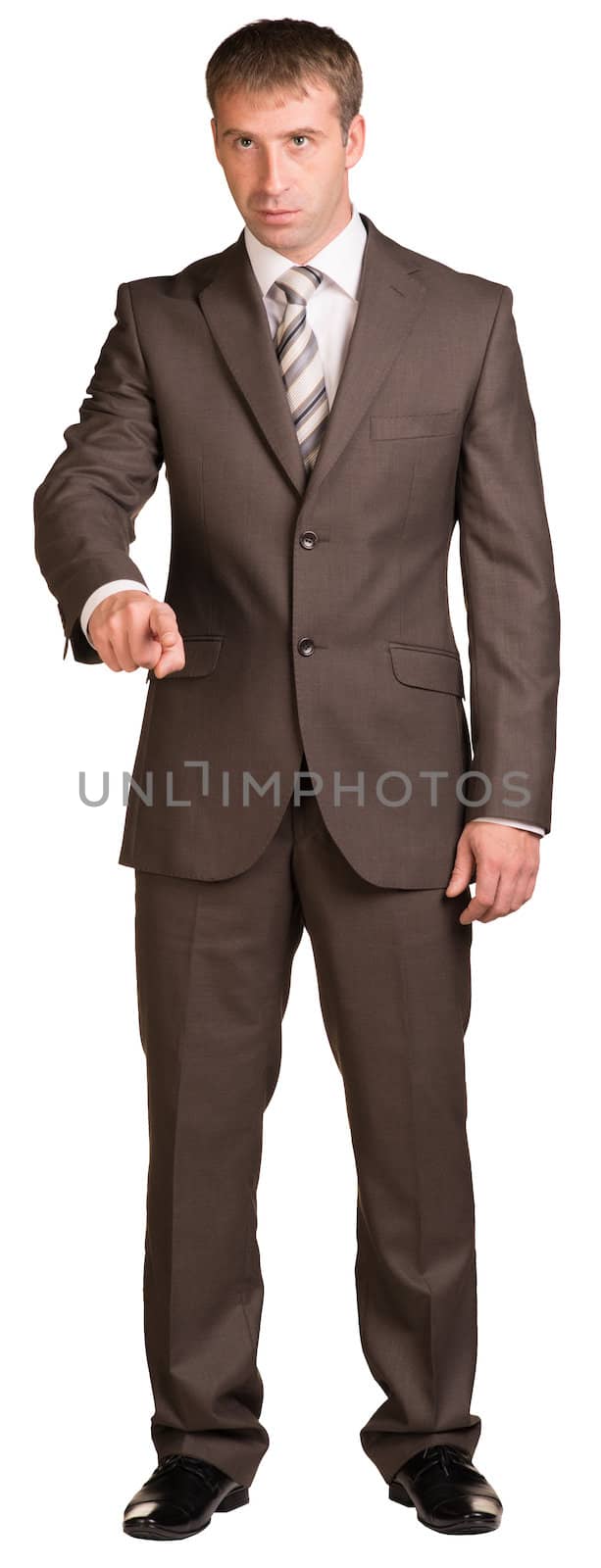 Businessman holding hand up in front of him by cherezoff