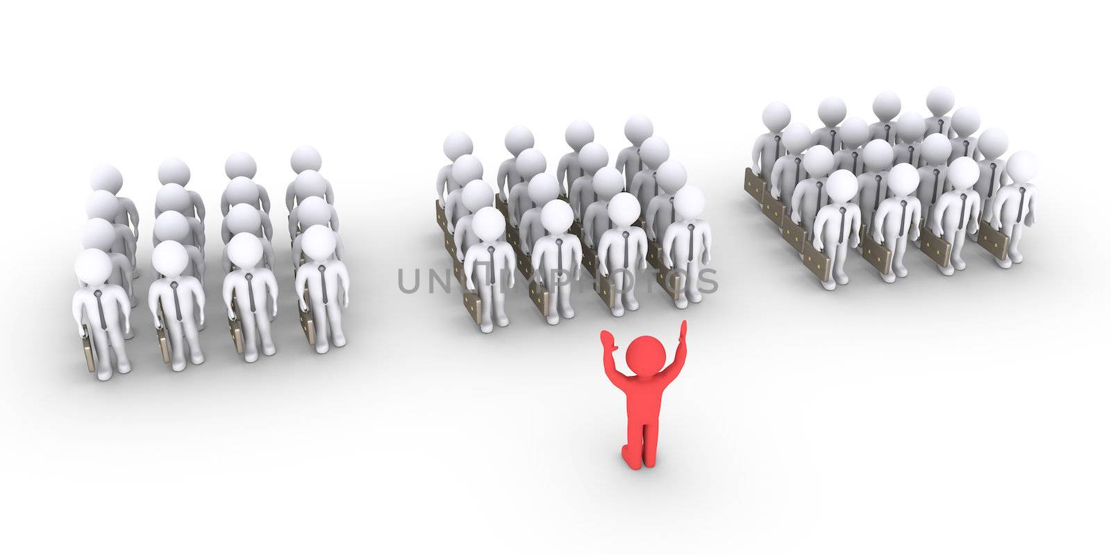 Groups of 3d businessmen are standing and in front is the leader