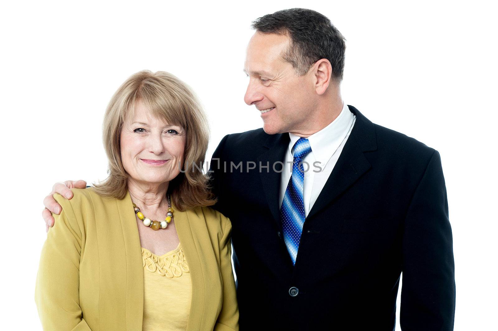 Mature man looking his wife on a white background