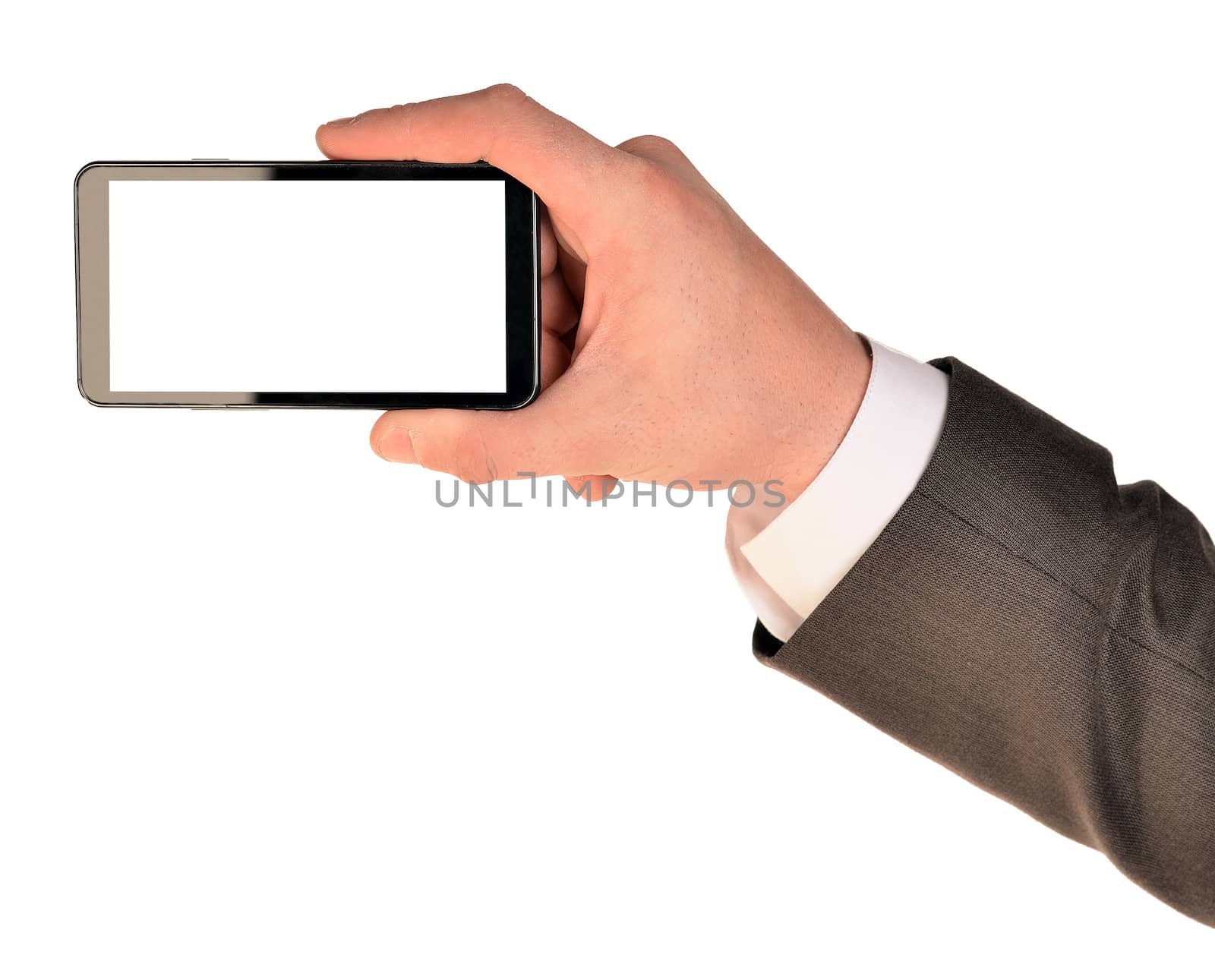 Close up of man using mobile smart phone. Isolated on white background