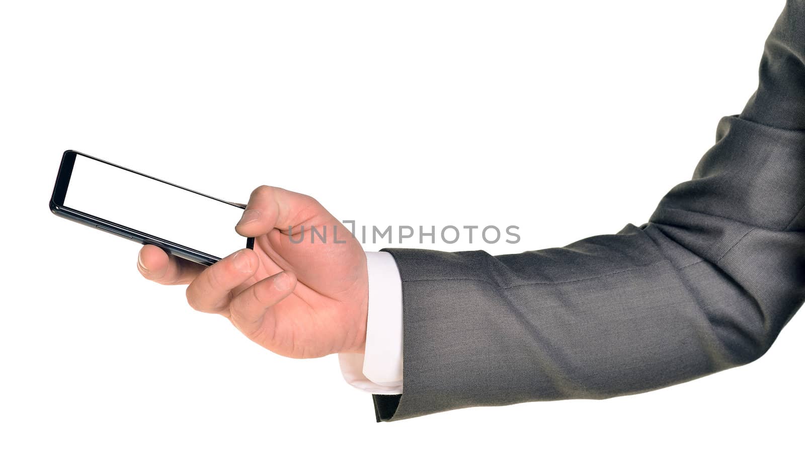 Close up of man using mobile smart phone. Isolated on white background