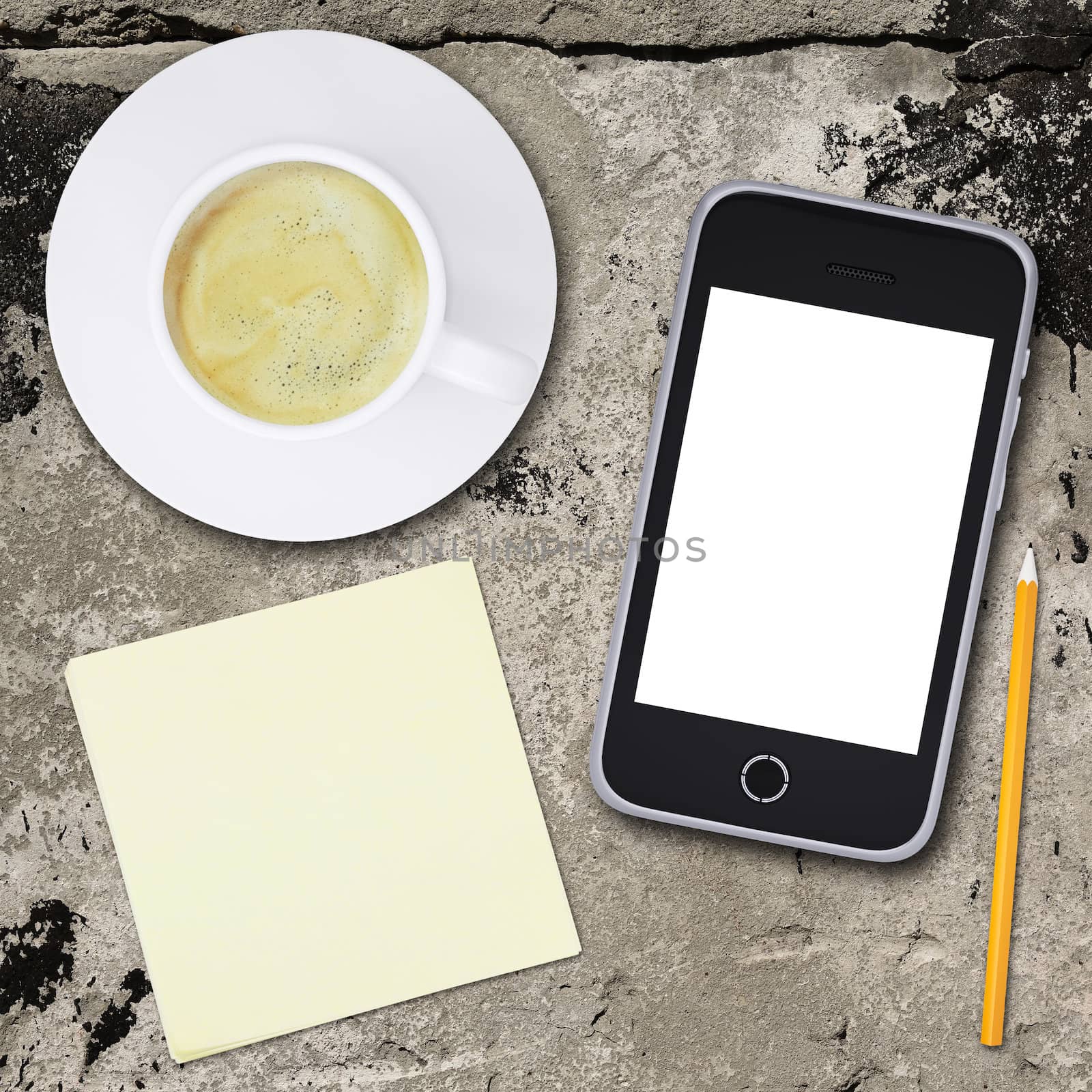 Smartphone and coffee cup on old concrete surface. Computer technology concept