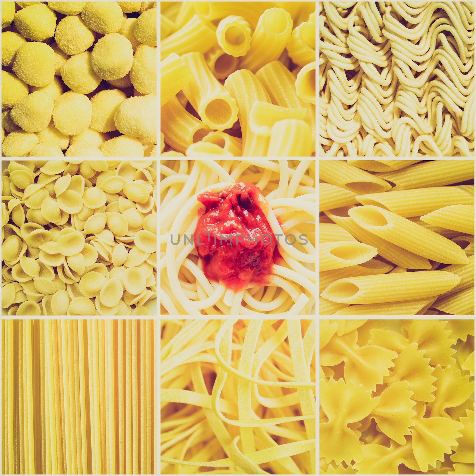 Vintage retro looking Pasta collage including 9 pictures of food