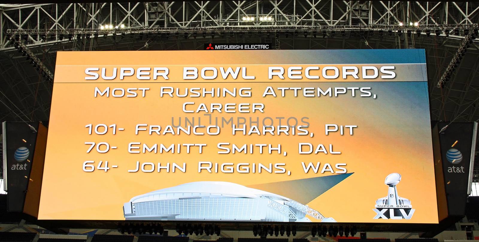 ARLINGTON - JAN 26: A view of the giant scoreboard in Cowboys Stadium in Arlington, Texas - sight of Super Bowl XLV. Scoreboard is listed in the Guinness Book of World Records. Taken January 26, 2011 in Arlington, TX.