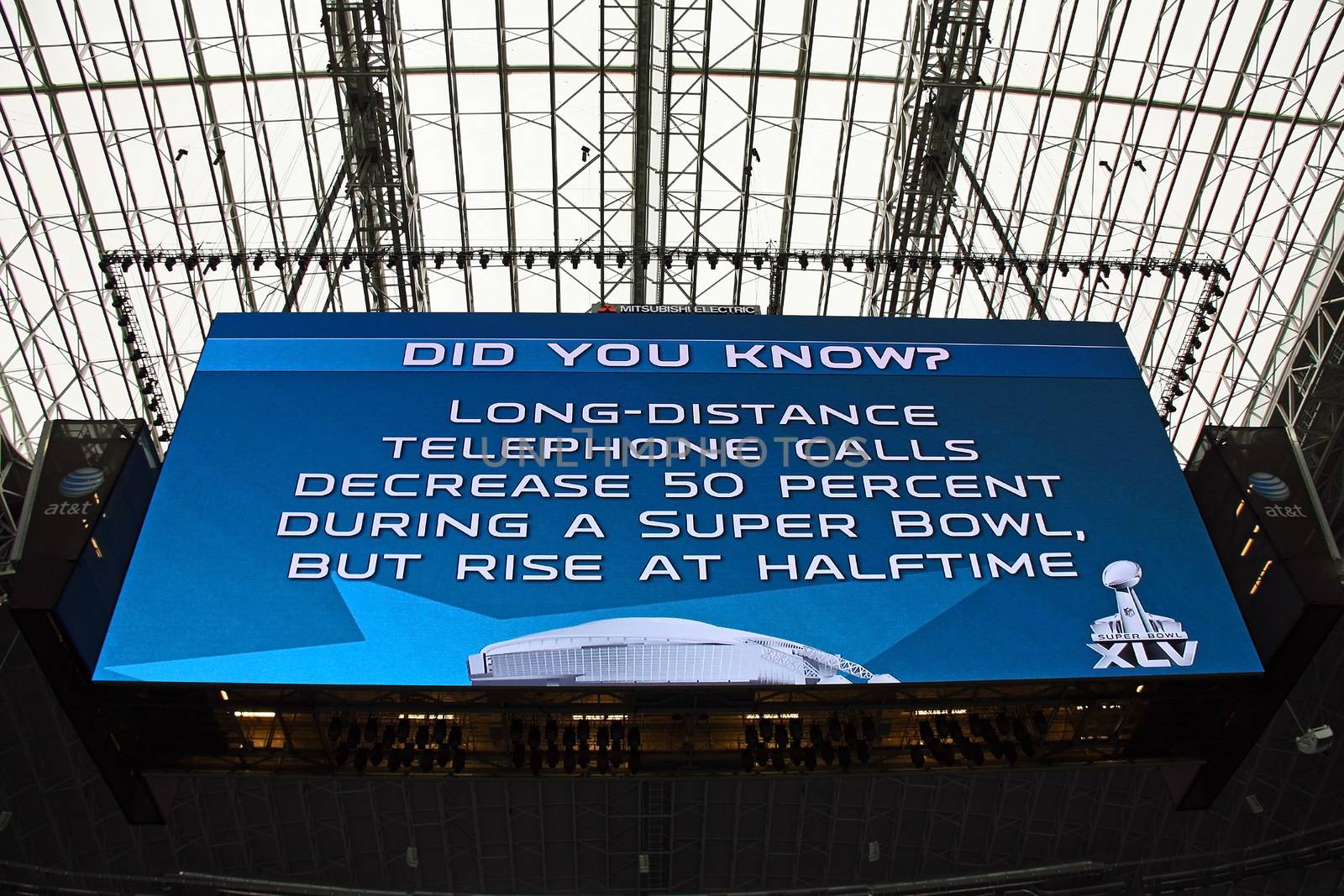 ARLINGTON - JAN 26: A view of the giant scoreboard in Cowboys Stadium in Arlington, Texas - sight of Super Bowl XLV. Scoreboard is listed in the Guinness Book of World Records. Taken January 26, 2011 in Arlington, TX.
