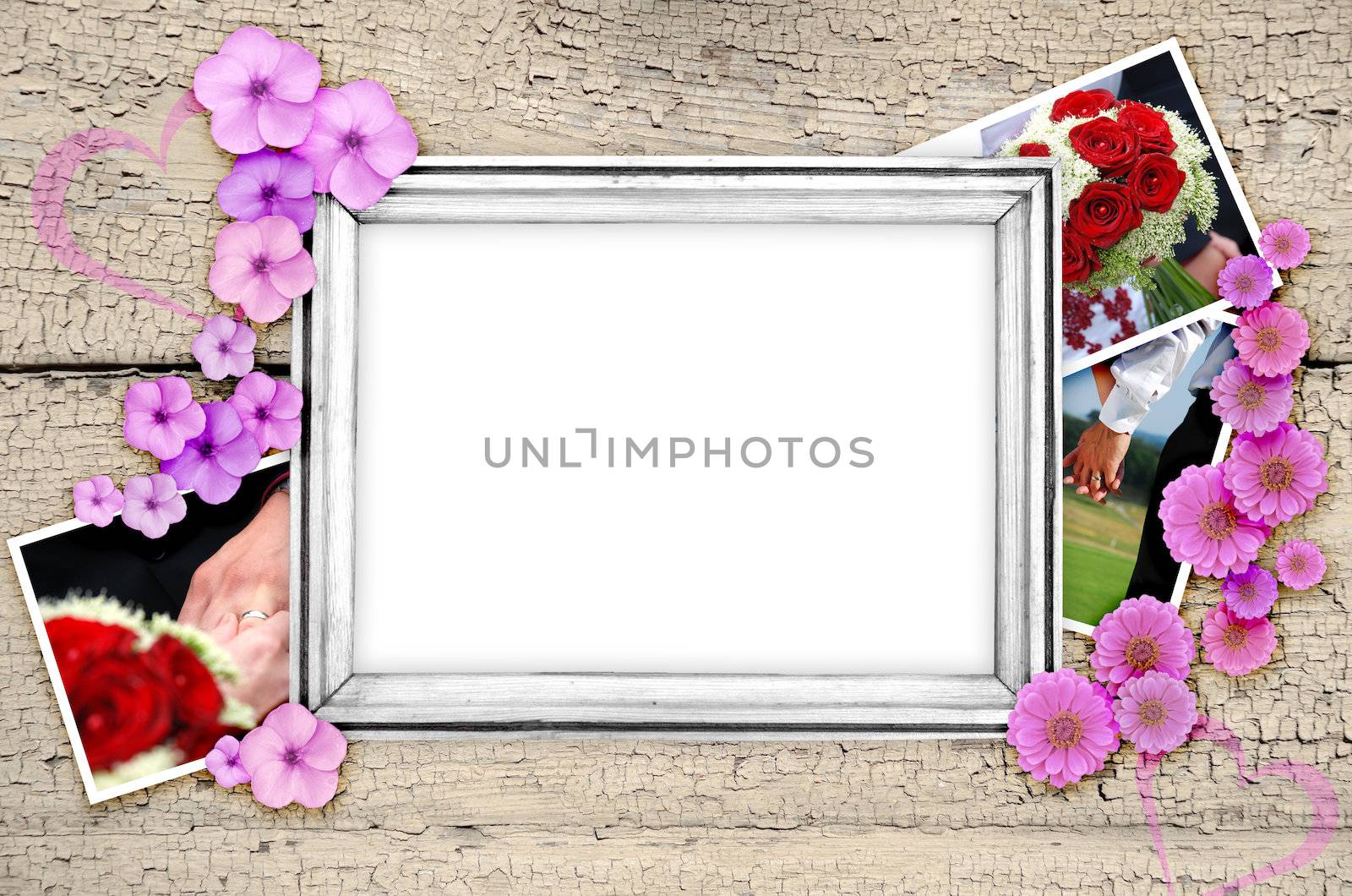 frame of wedding pictures, pictures with the bride and groom
