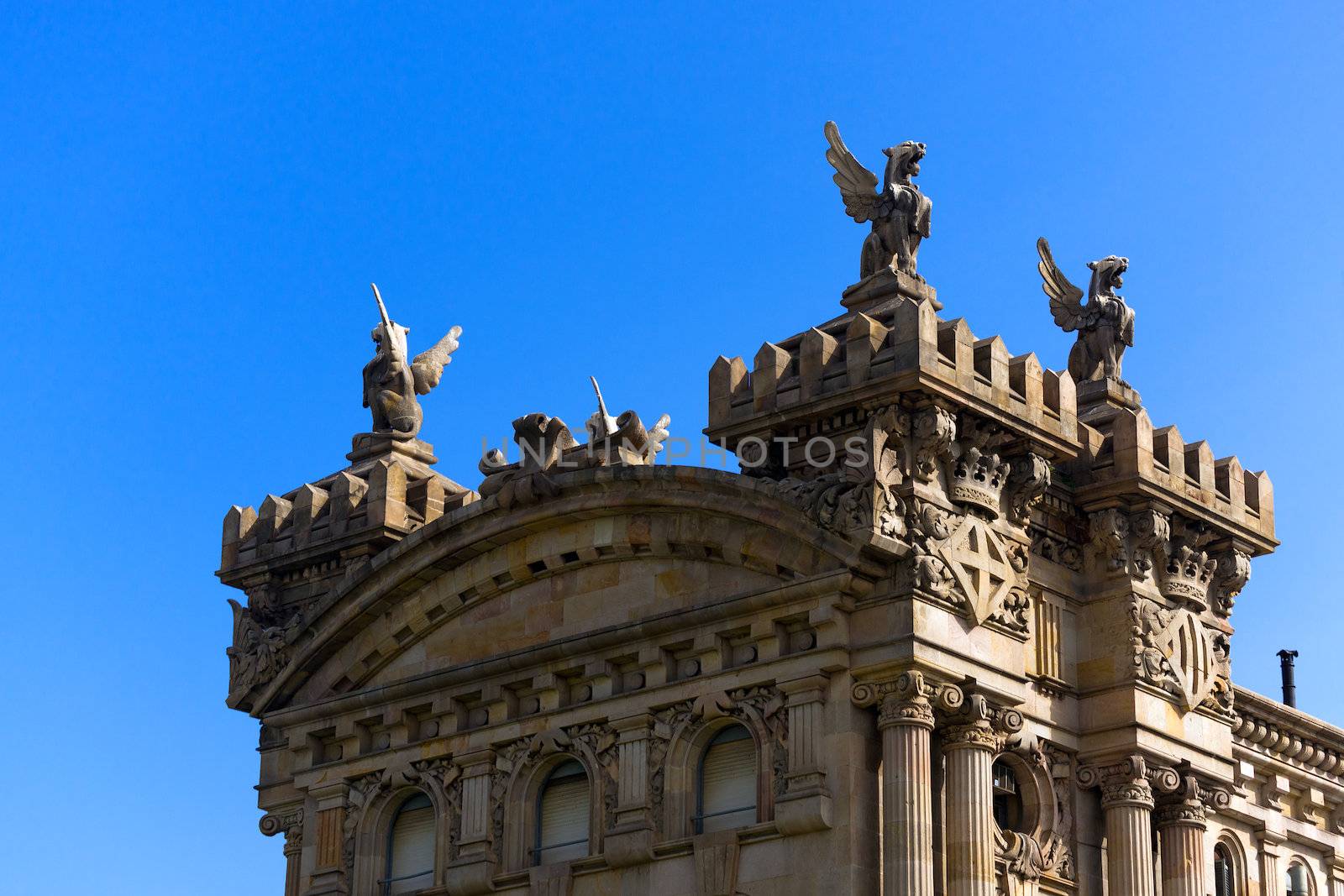 Detail of the top part of the building of the customs of the port of Barcelona (1896-1902)