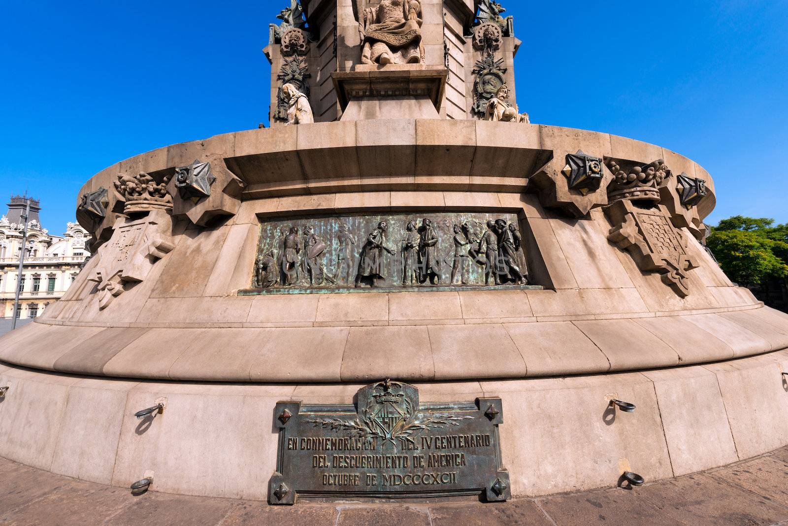 Detail of the stone pedestal of the column of Barcelona (1888) - Spain, monument dedicated to the famous Italian navigator and explorer Cristoforo Colombo (1451-1506)
