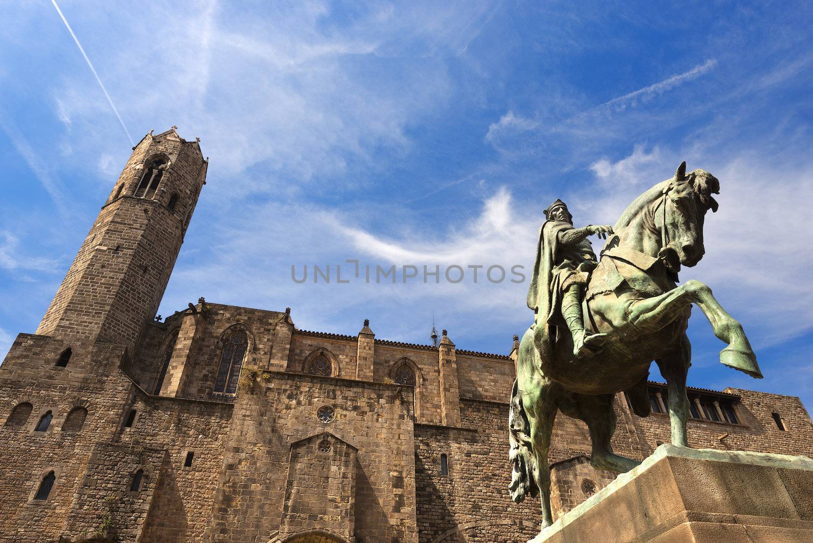 Statue of Ramon Berenguer III (1086-1131) in the homonymous square. In the background the Chapel of St. Agata. Barcelona, Catalonia, Spain