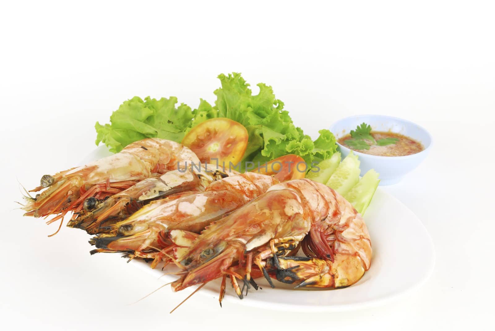 Grilled shrimp prawn on white background