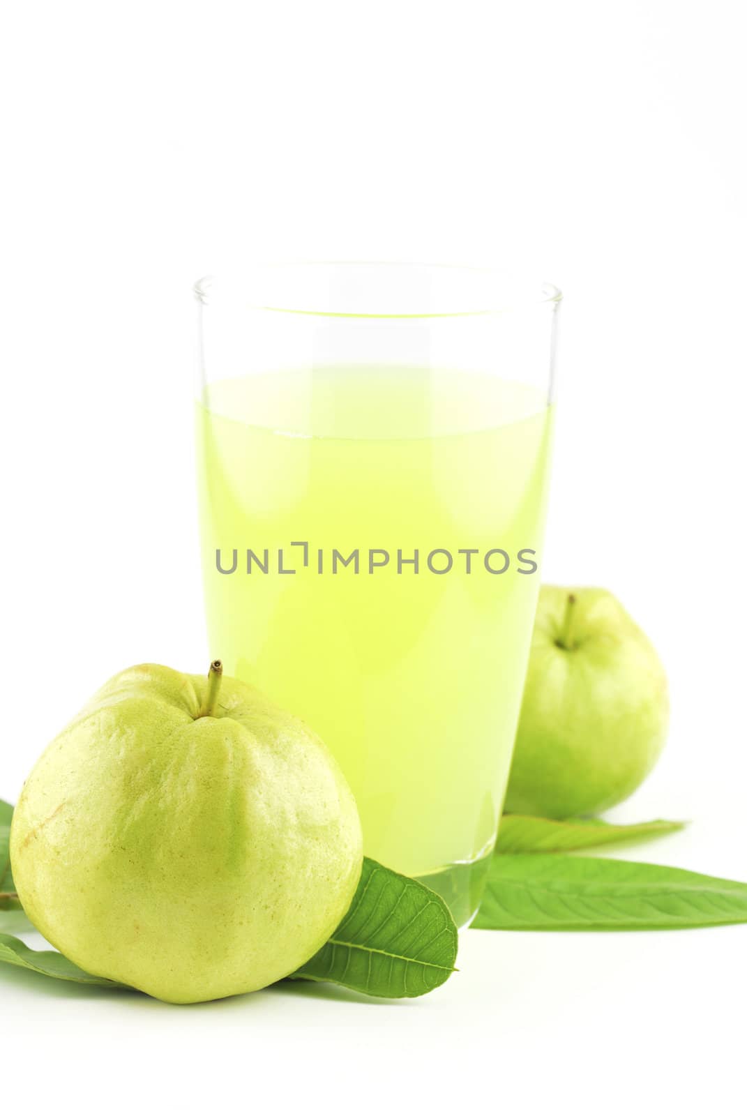 Guava and guava juice (tropical fruit) on white background