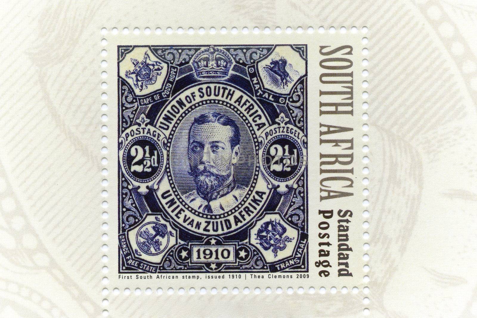 First South Africa stamp, issued 1910, postage

SOUTH AFRICA - CIRCA 1910: A stamp printed by South Africa shows portrait of King and the Union of South Africa, circa 1910.