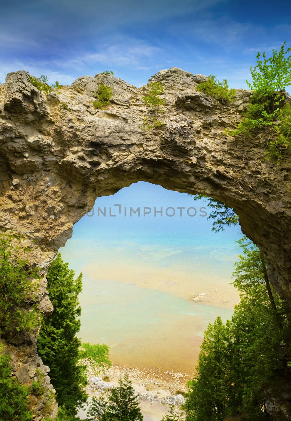 Arch Rock on Mackinac Island, Michigan, a stone formation forming a natural archway.