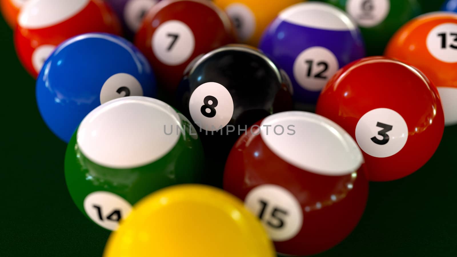 A set of racked pool balls on a table with selective focus on the 8 ball in the center.