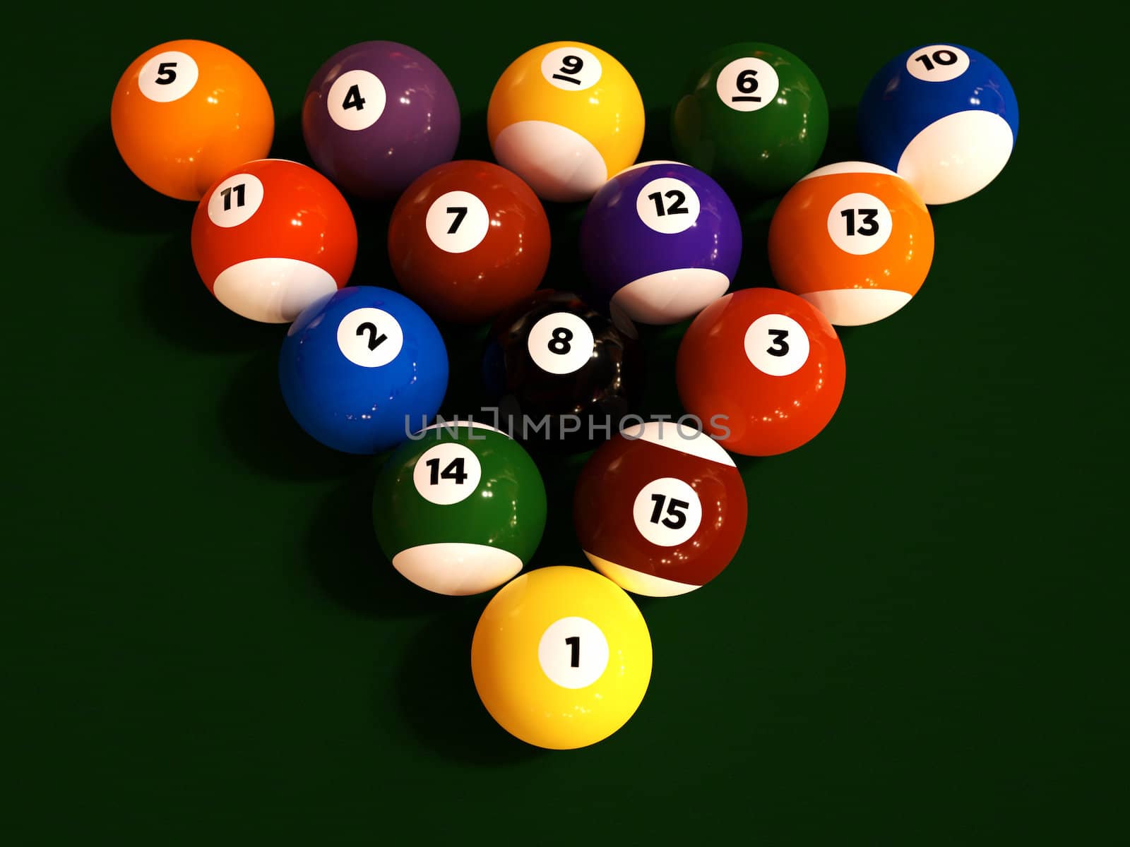 A set of racked pool balls on a table with the 8 ball in the center.