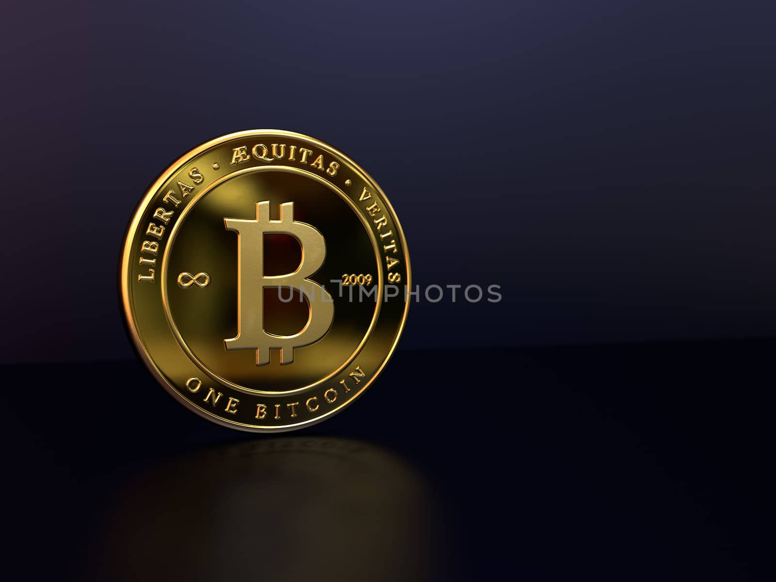 A rendering of a gold bitcoin on a dark background