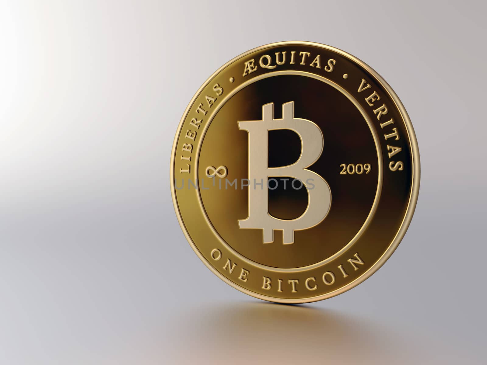 A rendering of a gold Bitcoin on a white background.