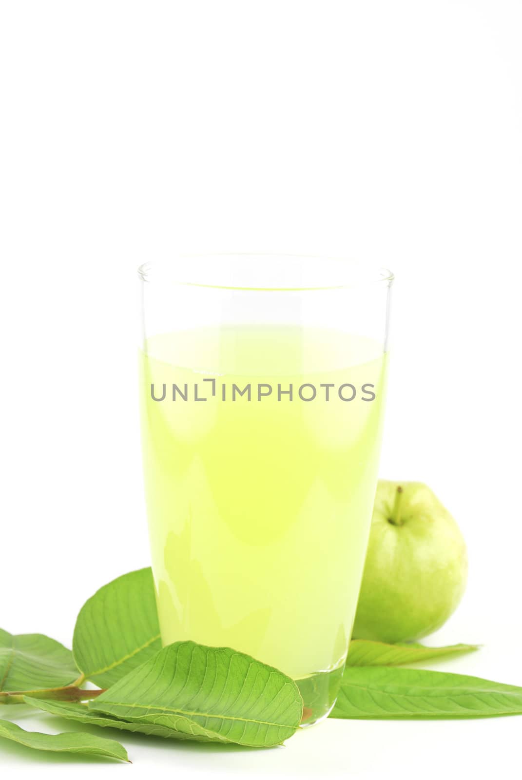 Guava and guava juice (tropical fruit) on white background