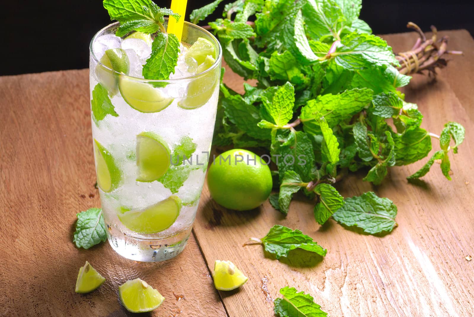 Mojito , lime pieces , leaves of mint with ice and rum