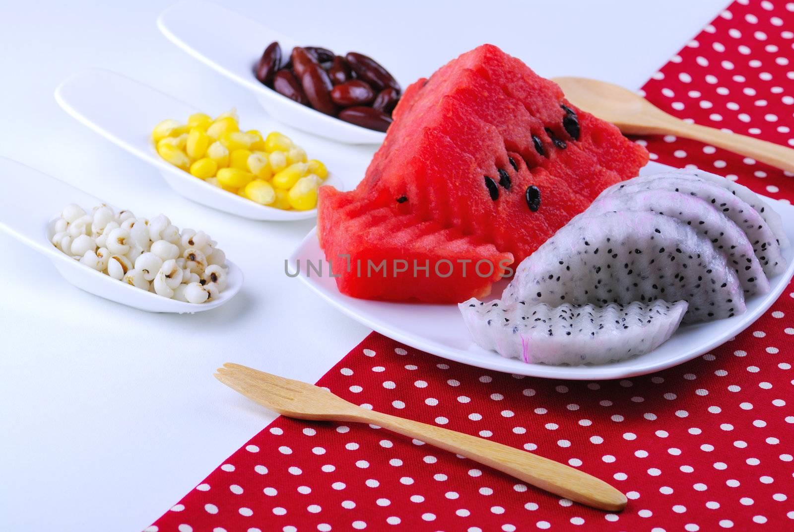 pieces of refreshing watermelon and dragon fruit