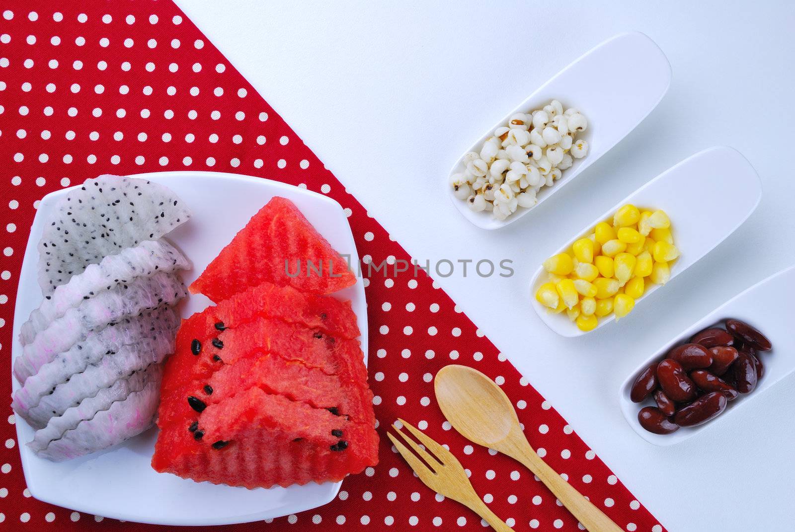 pieces of refreshing watermelon and dragon fruit