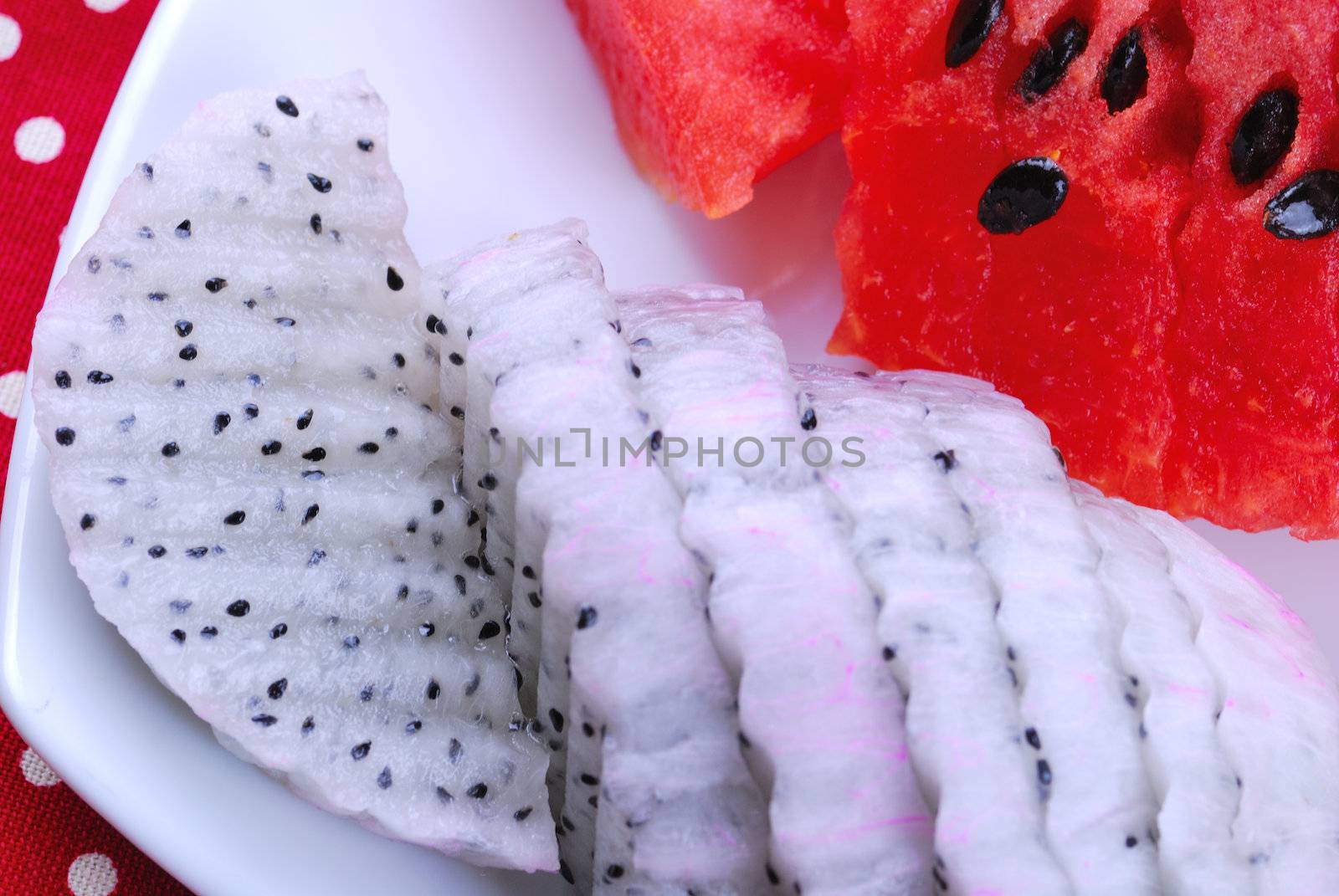 pieces of refreshing watermelon and dragon fruit