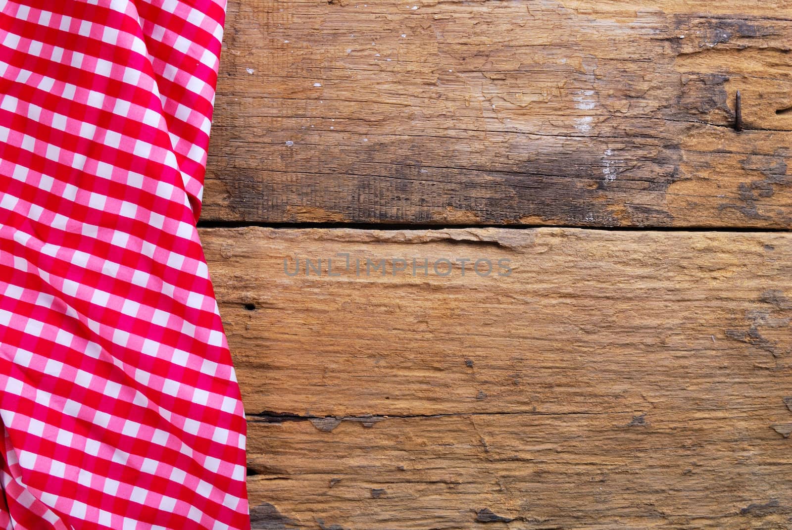 the background made from checkered napkin on old wooden table by teen00000