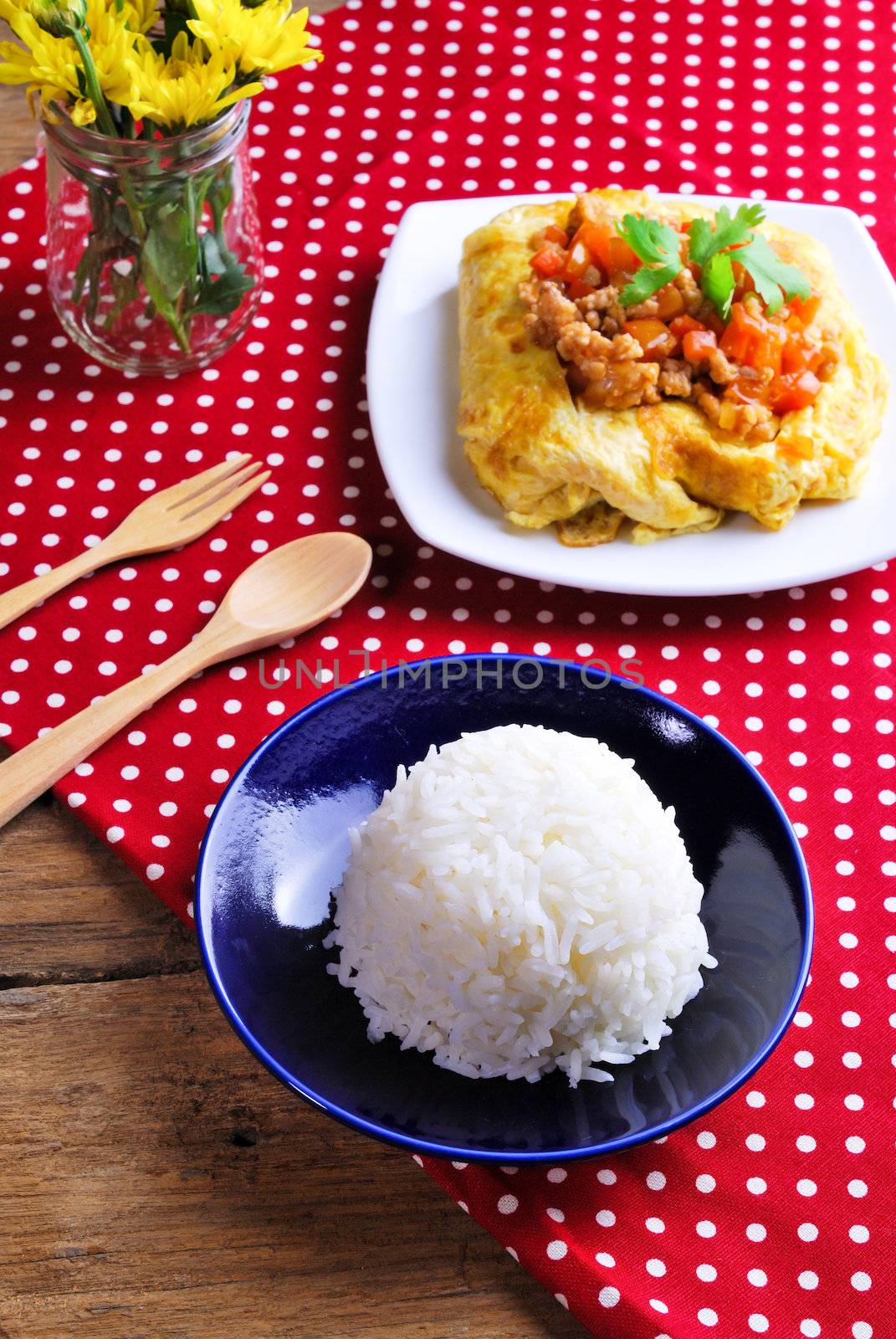 Rice ,stuffed omelette and tom kha kai ,chicken with coconut milk soup.