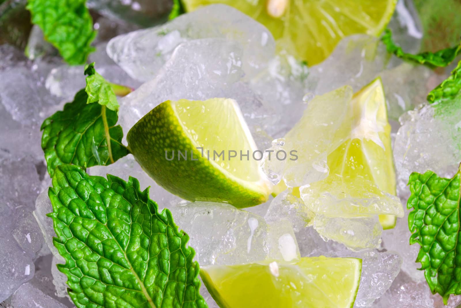 Mojito , lime pieces , leaves of mint with ice and rum