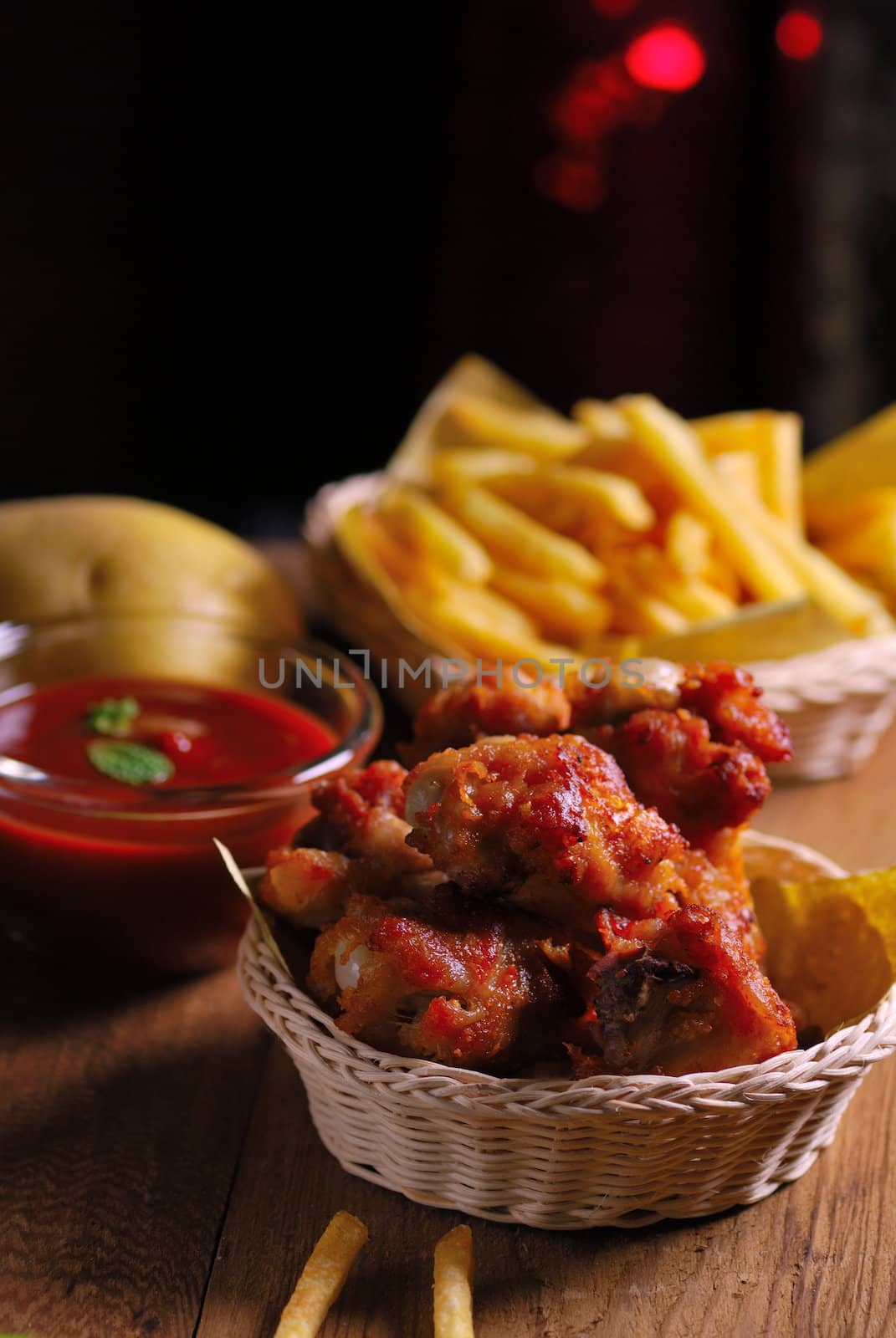 fried chicken wings with french fries and ketchup by teen00000