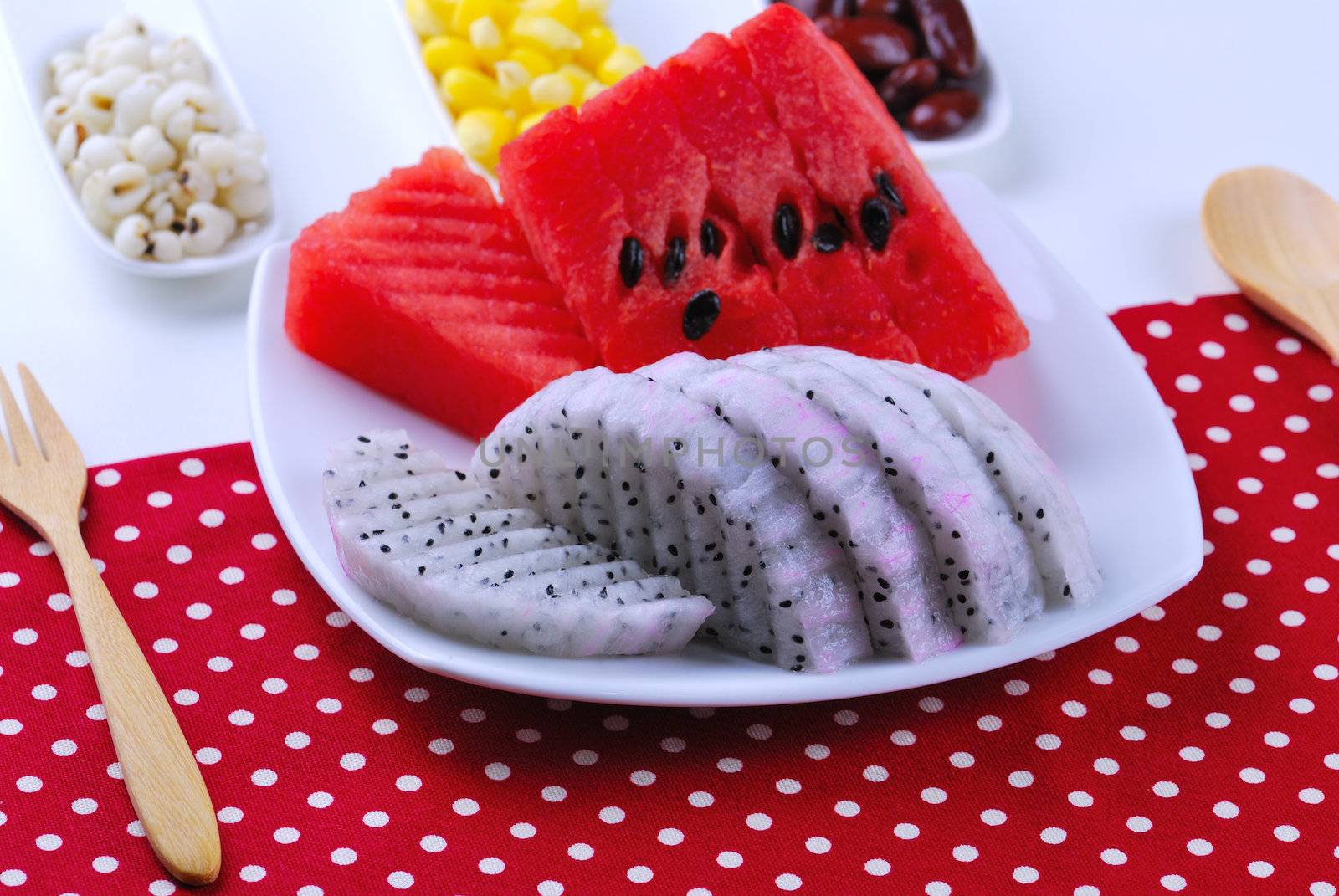 pieces of refreshing watermelon and dragon fruit by teen00000