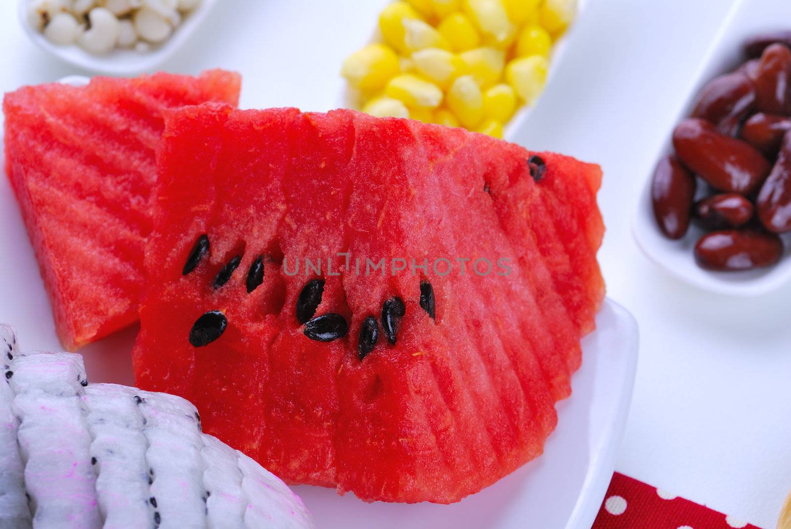 pieces of refreshing watermelon and dragon fruit