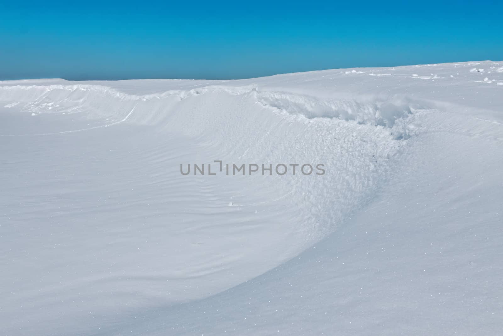 Snowy landscape with riverside in a sunny afternoon