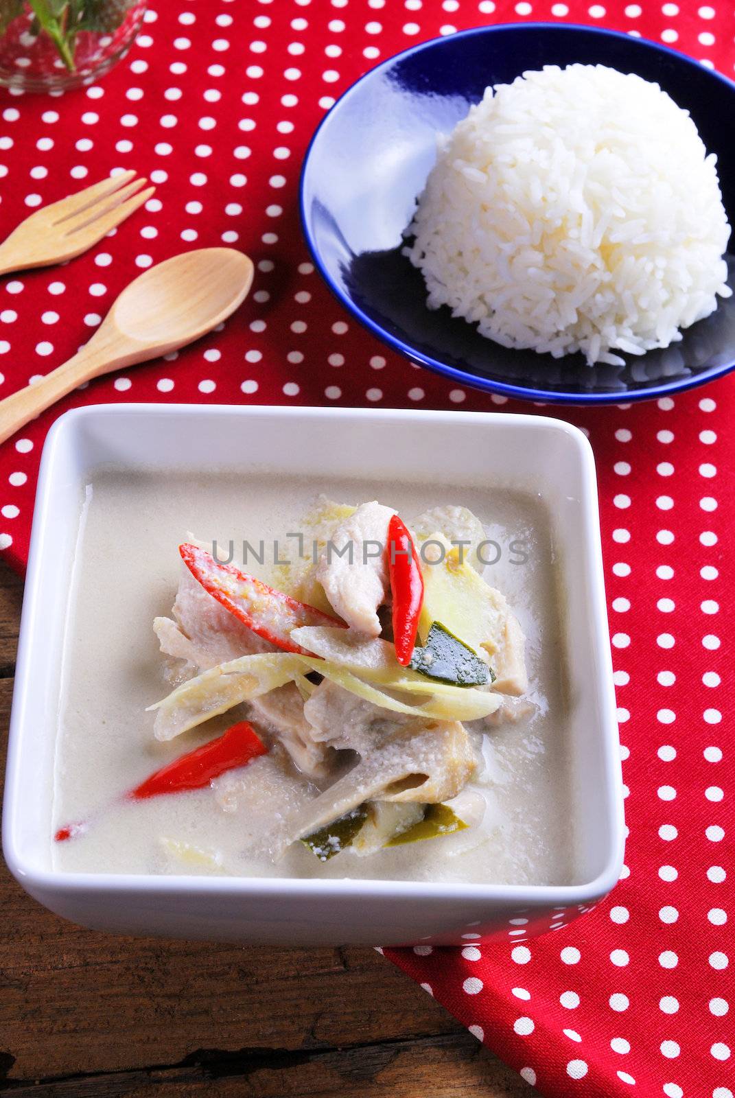 Rice ,stuffed omelette and tom kha kai ,chicken with coconut milk soup.