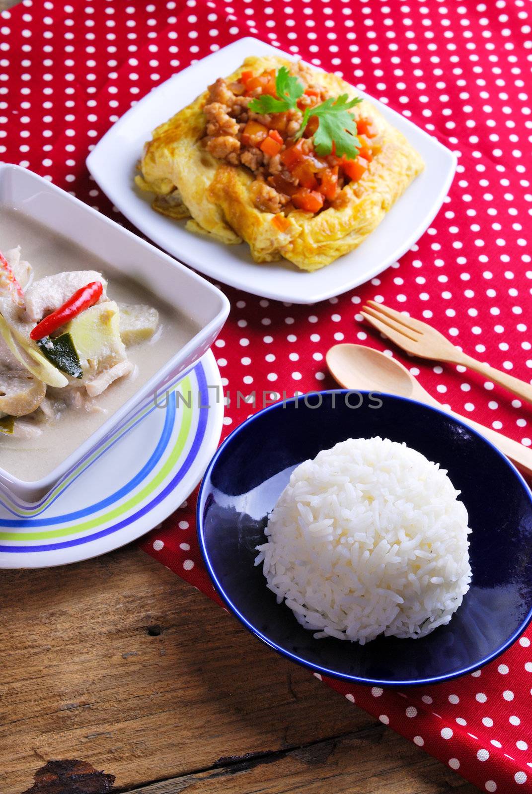 Rice ,stuffed omelette and tom kha kai ,chicken with coconut milk soup.