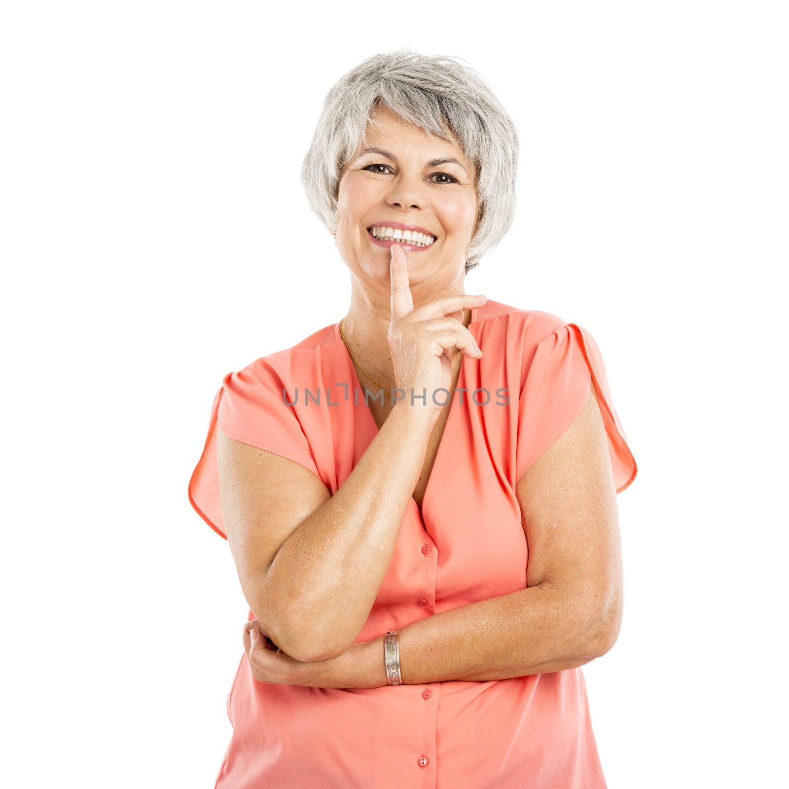 Portrait of a happy elderly woman with a thinking expression, isolated on a white background