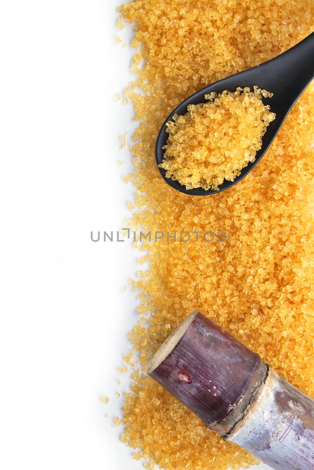 Close up brown sugar and sugarcane