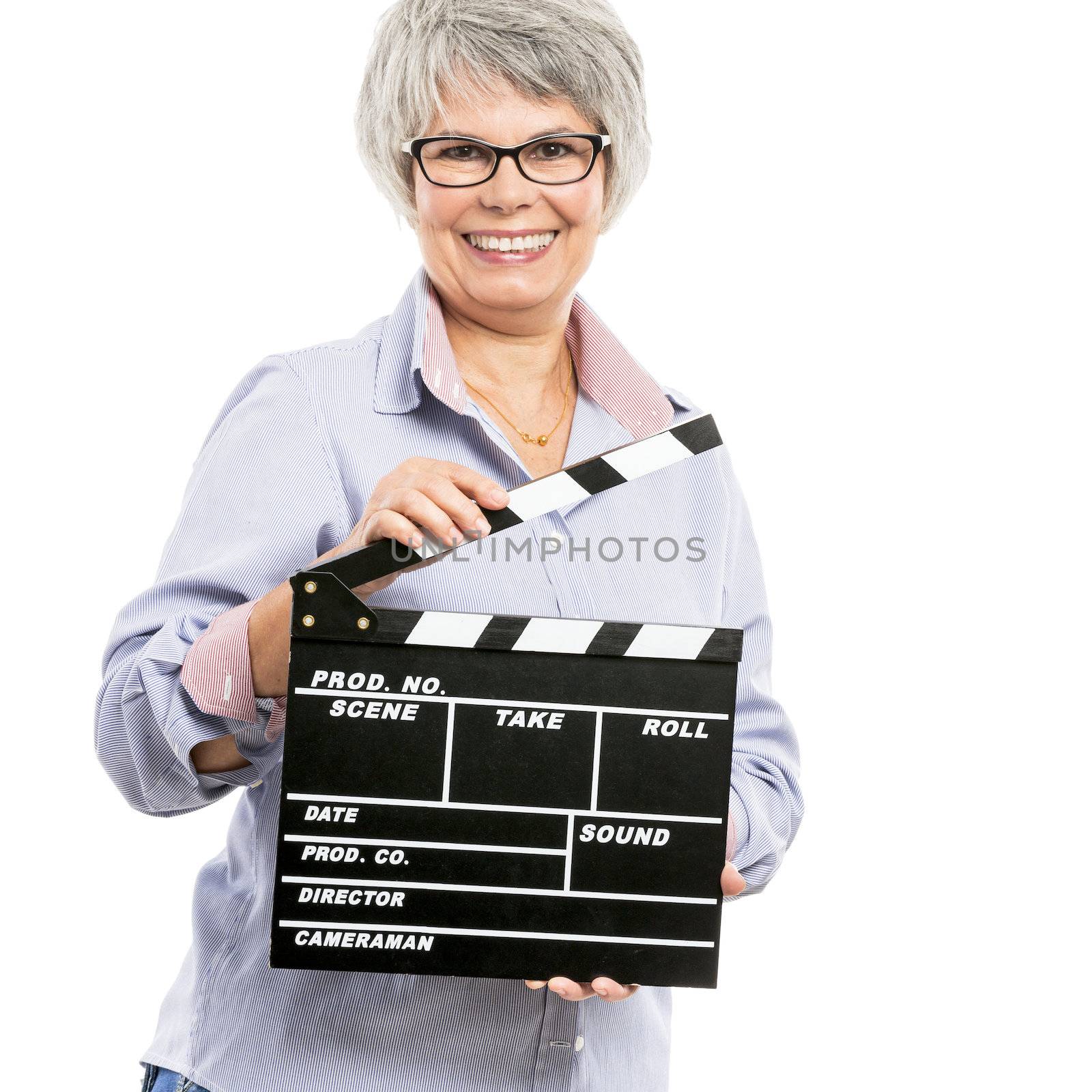 Elderly woman holding a clapboard by Iko