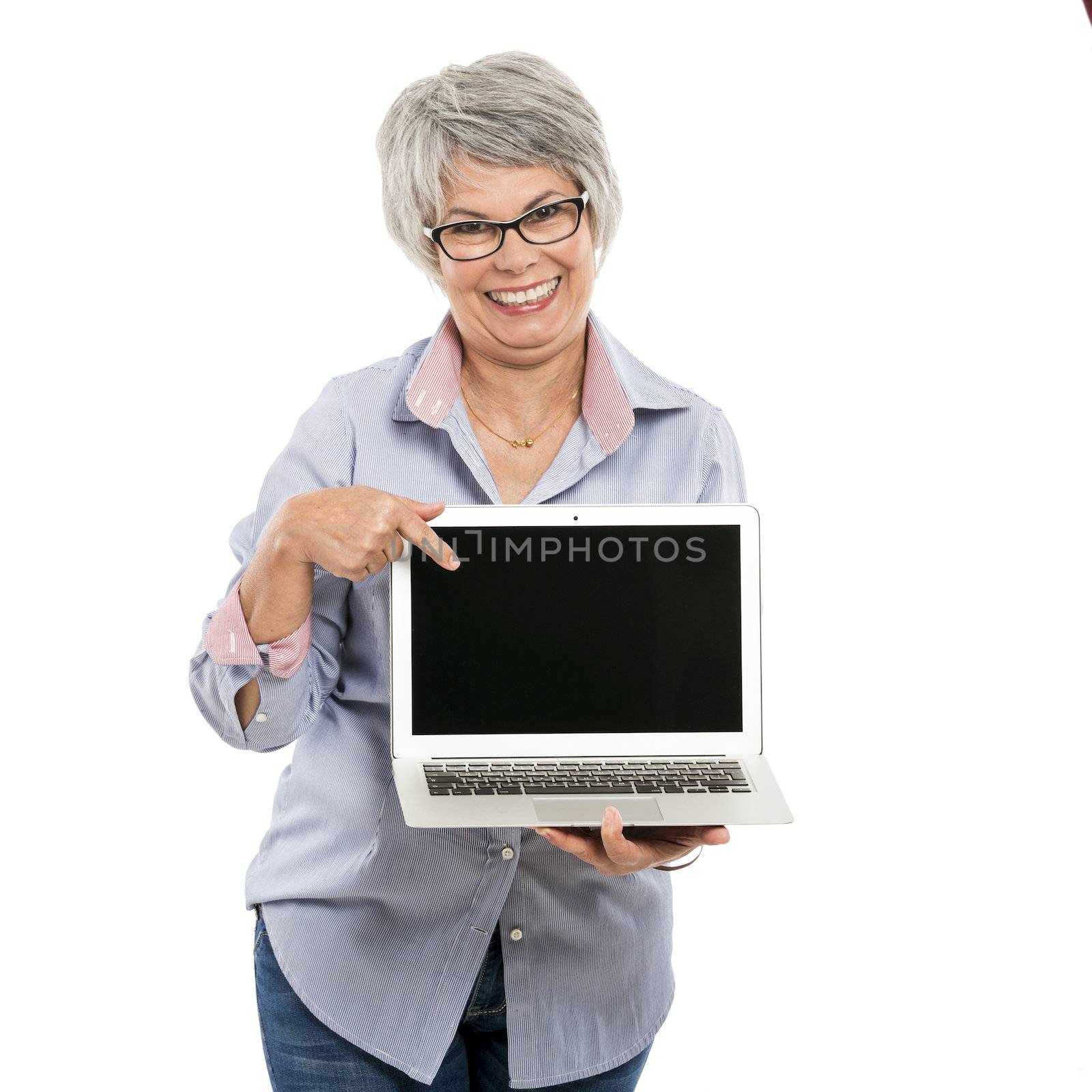 Elderly woman showing something on a laptop by Iko