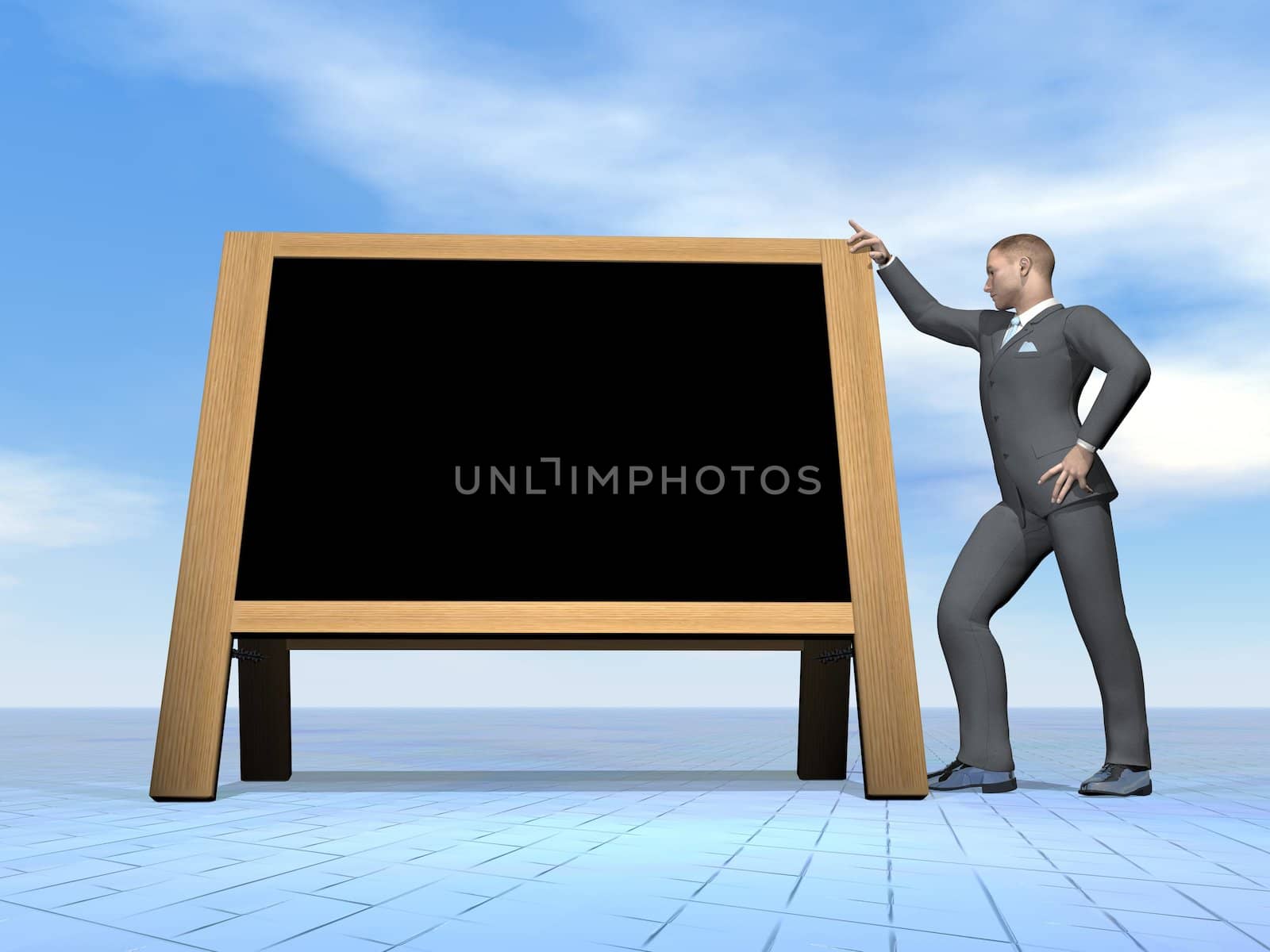 Businessman standing next to blank blackboard by beautiful day - 3D render