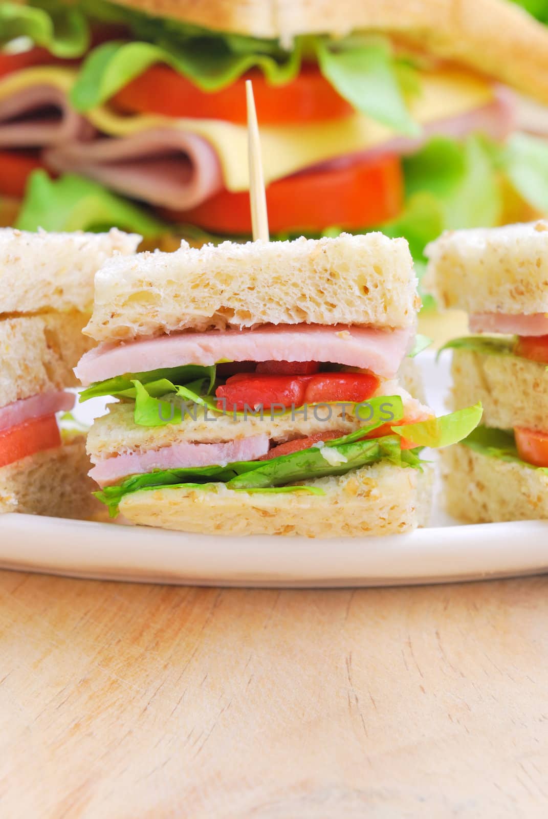 Club Sandwich with Cheese, Pickled Cucumber, Tomato and ham. Garnished with French Fries