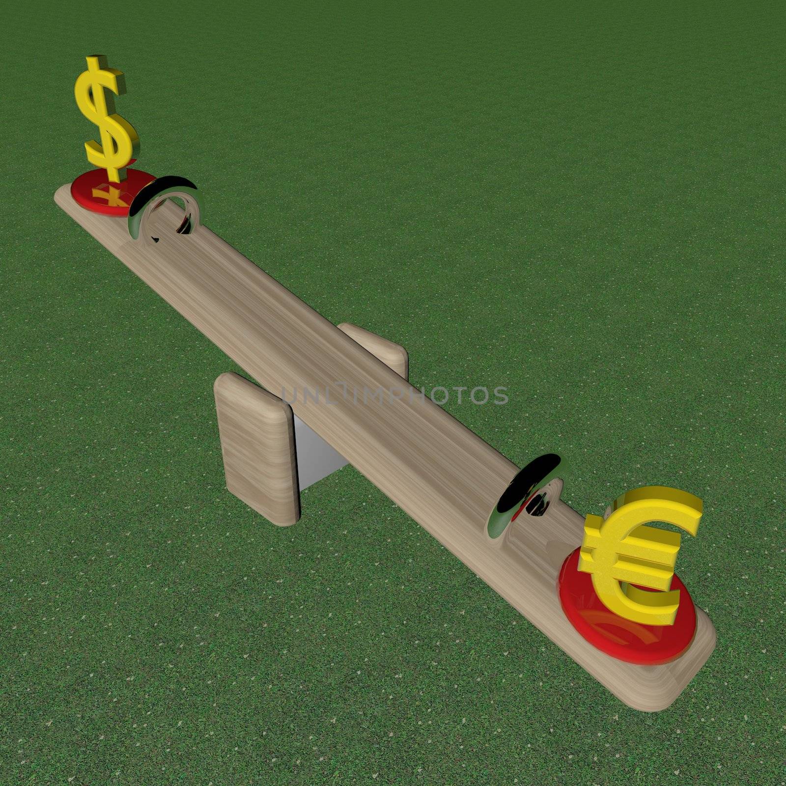 Swing for children with euro and dollar symbols, 3d render