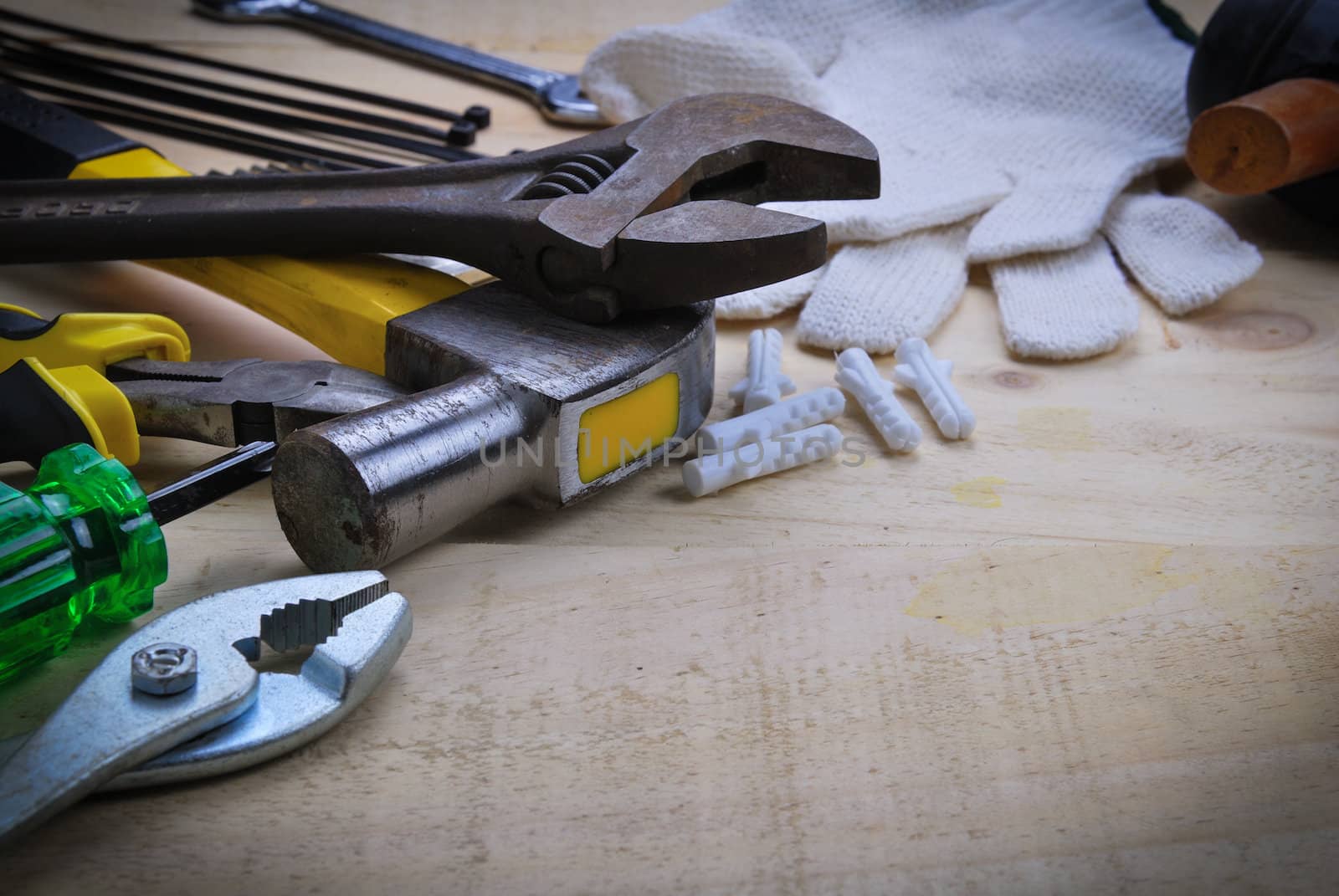 tool renovation on  wood plank table