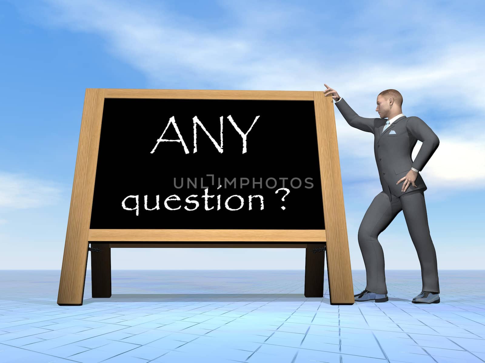 Businessman standing next to blank blackboard asking for questions by beautiful day - 3D render