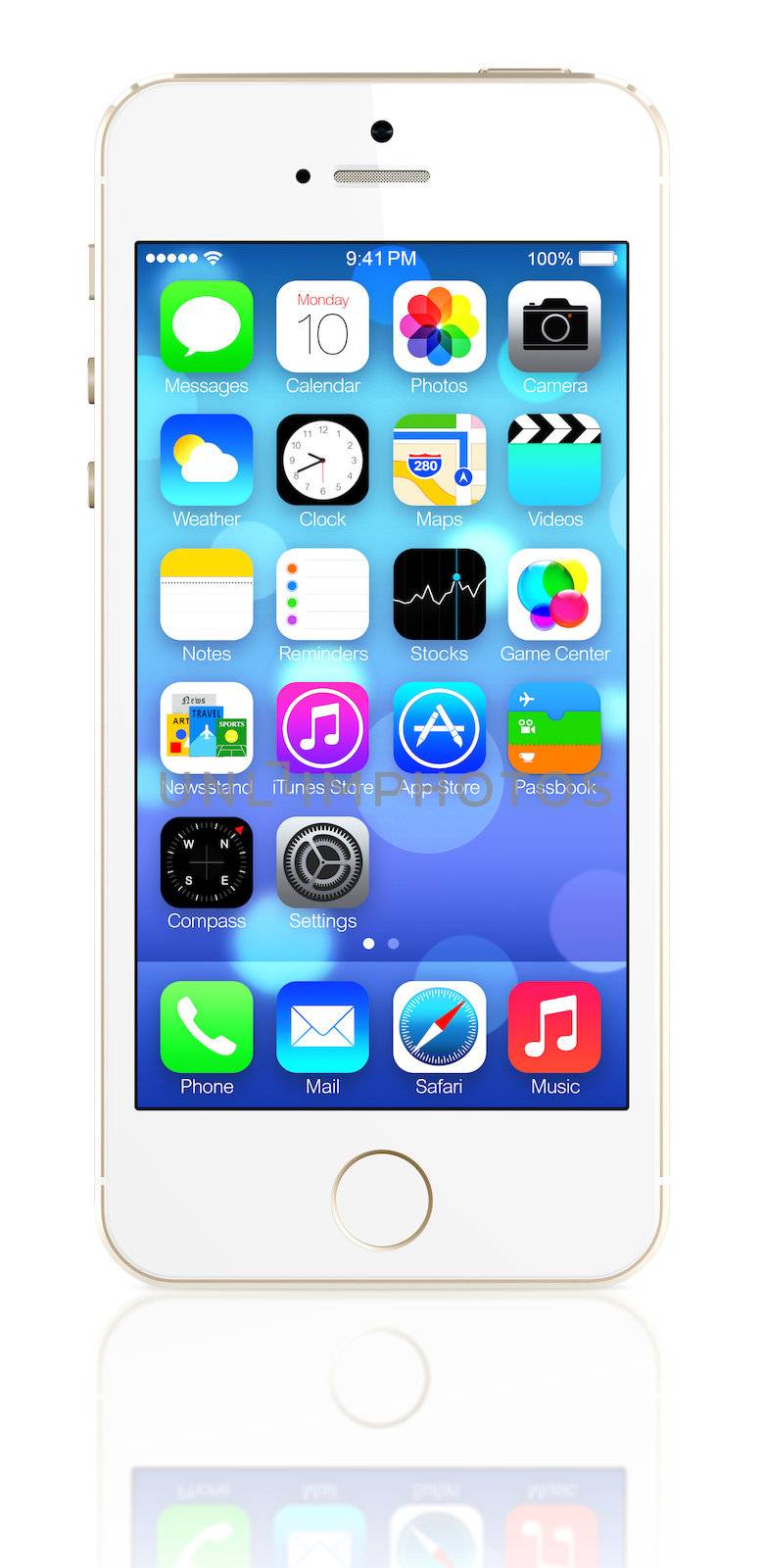 Galati, Romania - August 12, 2014: Gold iPhone 5s showing the home screen with iOS7. Some of the new features of the iPhone 5s include fingerprint recognition built into the home button, a new camera, and a 64-bit processor. Apple released the iPhone 5s on September 20, 2013.