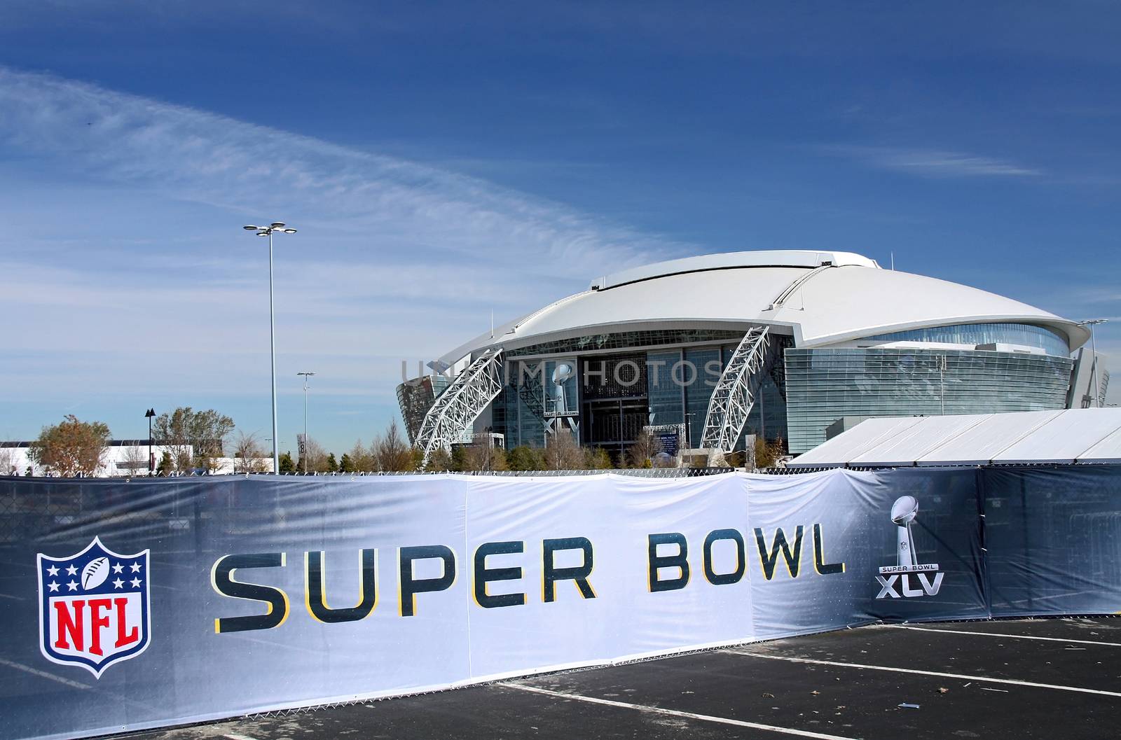 ARLINGTON - JAN 26: A view of Cowboys Stadium in Arlington, Texas and Super Bowl XLV sign. Taken January 26, 2011 in Arlington, TX.