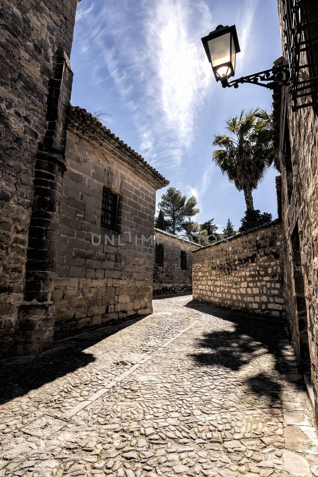 typical narrow street of the Imperial Spain of the XVIIth century, where of rodo the movie of Alatriste of the Spanish director Agustin Diaz Yanes in Baeza Jaen province, Andalucia, Spain