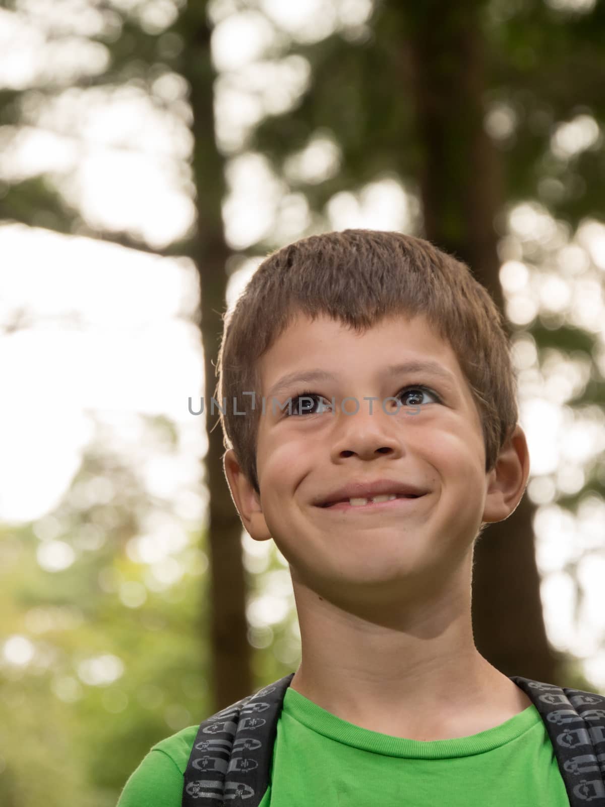 Young child hiking in forest with joyful expression on his face.