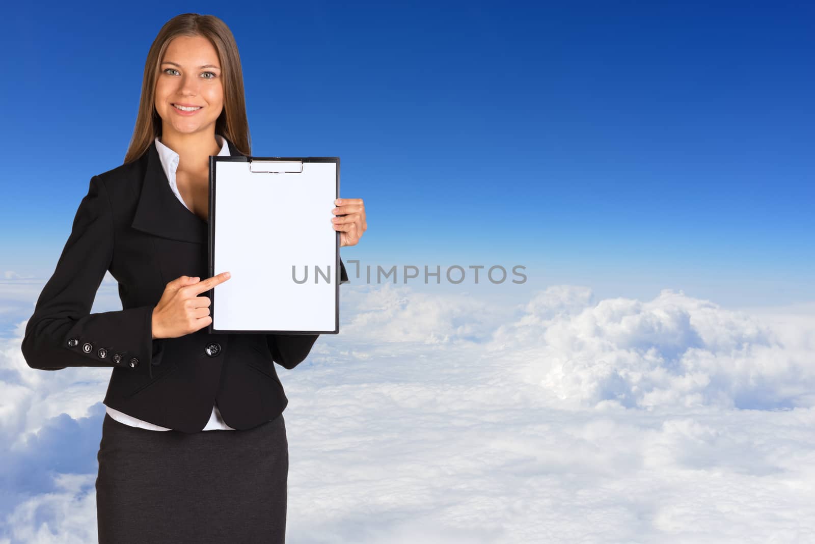 Businesswoman holding paper holder. Blue sky and clouds. View from an airplane